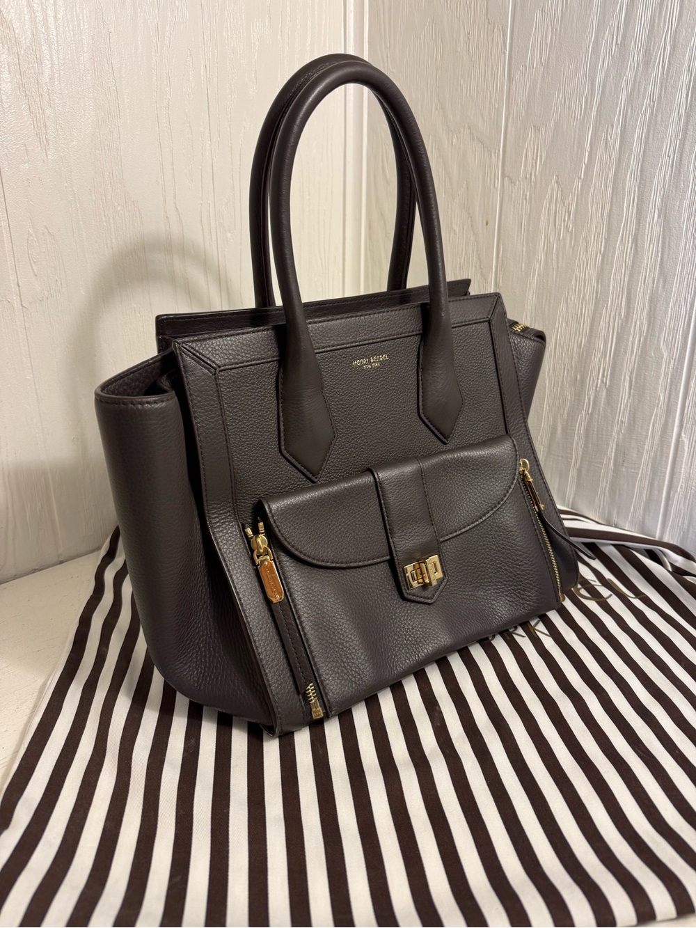 Authentic Henri Bendel Grey Leather Tote Bag with Front Pocket